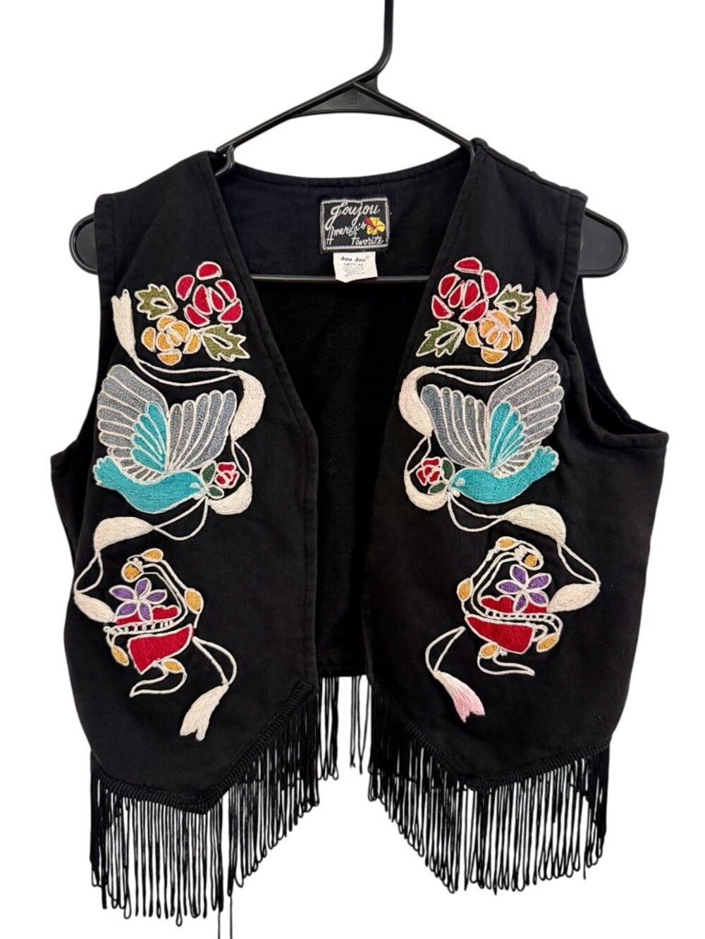 Vintage 90s Jou Jou Bird Embroidered Fringe Vest Boho Festival Western Medium